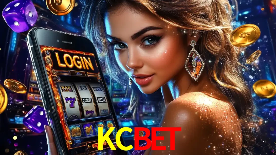 Mulher glamorosa segurando um smartphone com a tela de login para os jogos de caça-níqueis do cassino online KCBET, com moedas de ouro e dados ao redor.