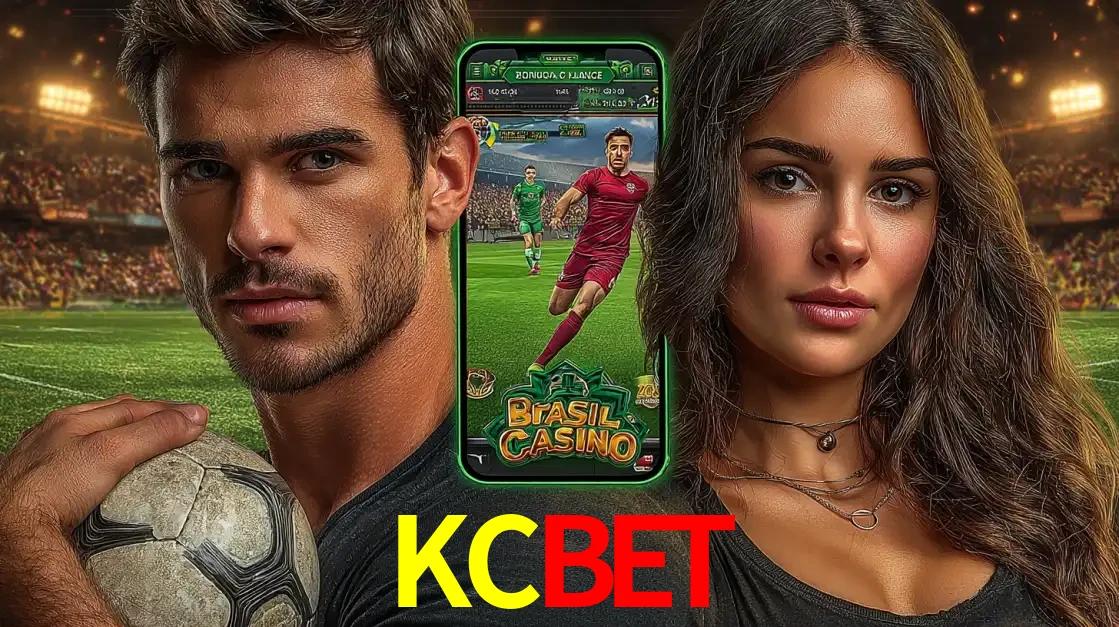Homem segurando uma bola de futebol e uma mulher ao lado de um smartphone exibindo o jogo de apostas esportivas da KCBET. Faça seu palpite no cassino online.